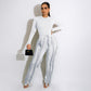 Frauen 2 Stück lässig lange Ärmel hohe Taille Quaste Fransen Outfits Jumpsuit Set