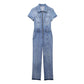 Damen-Jumpsuit aus Denim mit Reißverschluss, kurzen Ärmeln und Taschen