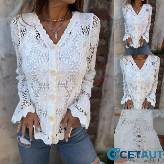 ⏳Begrenzte Zeit 50% Rabatt💥Elegance trifft Komfort: Leichte Spitze für jeden Tag🌸Damen Spitze V-Ausschnitt Langarm Top