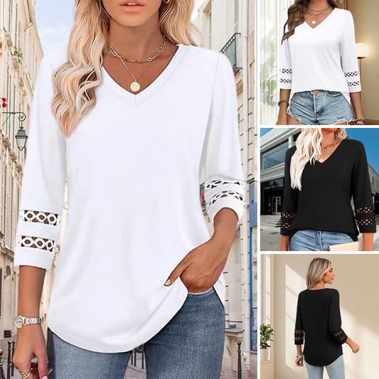 ⏳Begrenzte Zeit 50% Rabatt💥Einfarbiges, lässiges V-Ausschnitt-Top mit 3/4-Ärmeln für Damen